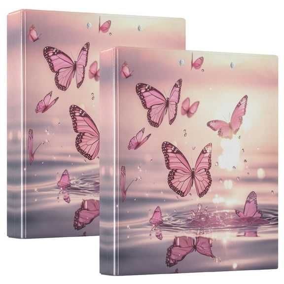Waterproof PVC Round Ring Binder - D-Rings Clipboard, 200 Page Capacity (1 or 2-Pack), Ideal for Office , Home and School，Many Pink Butterflies