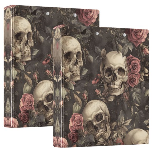 Iauyy PVC Round Ring Binders, 200 Page Capacity, 2 Pack，Skulls and Roses
