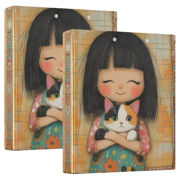 Waterproof PVC Round Ring Binder - D-Rings Clipboard, 200 Page Capacity (1 or 2-Pack), Ideal for Office , Home and School，The Girl with A Cat