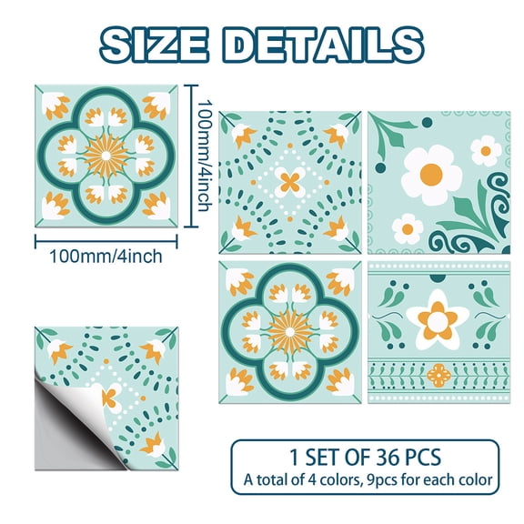 Waterproof PVC Tile Stickers for Kitchen Bathroom Waterprrof Wall Tiles Square with Flower Pattern Aquamarine 100x100mm 4 styles 9pcs/style 36pcs/set 1set