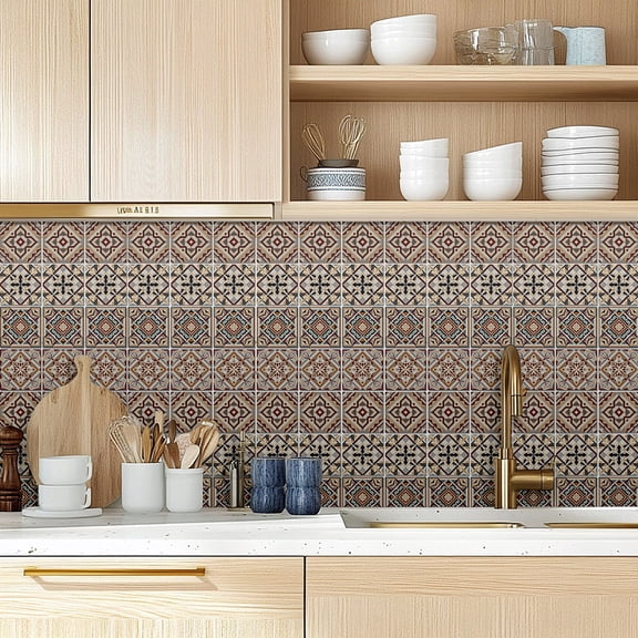 Waterproof PVC Tile Stickers for Kitchen Bathroom Waterprrof Wall Tile Floral 100x100mm Saddle Brown