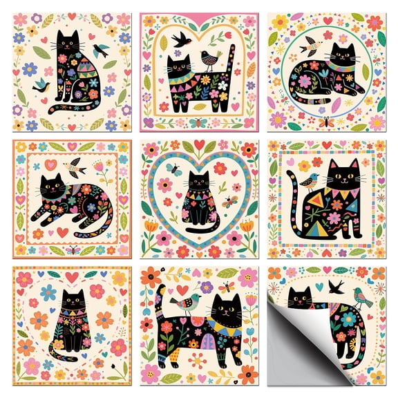 Waterproof PVC Tile Stickers for Kitchen Bathroom Waterprrof Wall Tiles Cat Shape 100x100mm 36pcs/set for DIY