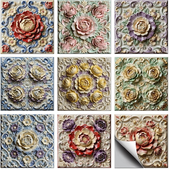 Waterproof PVC Tile Stickers for Kitchen Bathroom Waterprrof Wall Tiles Flower 100x100mm 36pcs/set Pattern 10