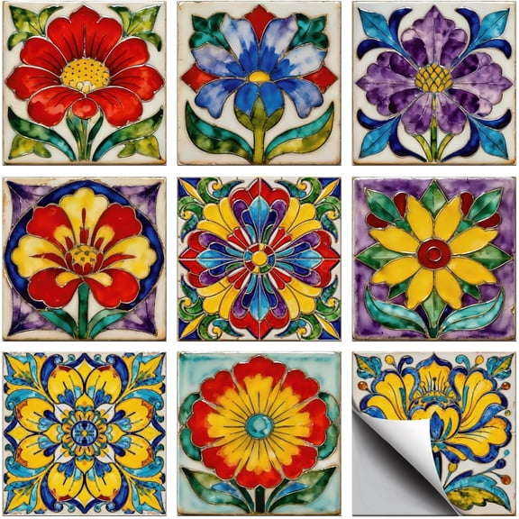 Waterproof PVC Tile Stickers for Kitchen Bathroom Waterprrof Wall Tiles Flower 100x100mm 36pcs/set Pattern 6