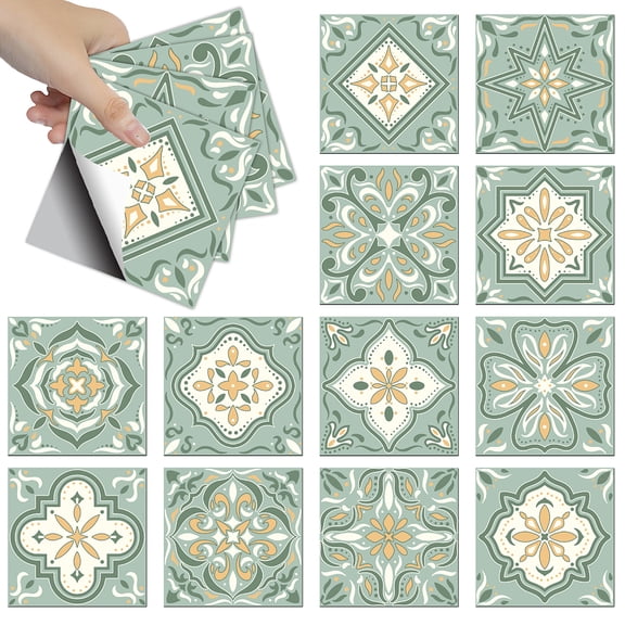 Waterproof PVC Tile Stickers for Kitchen Bathroom Waterprrof Wall Tiles Square Yellow Green 100x100mm 12 style 3pcs/style 36pcs/set