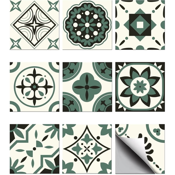 Waterproof PVC Tile Stickers for Kitchen Bathroom Waterprrof Wall Tiles Square with Flower Pattern Dark Olive Green 100x100mm 36pcs/set