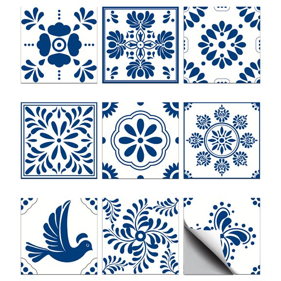 Waterproof PVC Tile Stickers for Kitchen Bathroom Waterprrof Wall Tiles Square with Flower Pattern Dodger Blue 100x100mm 36pcs/set