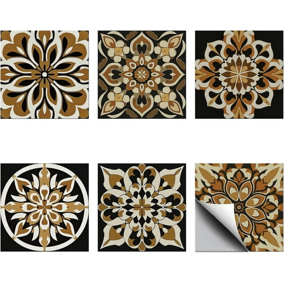 Waterproof PVC Tile Stickers for Kitchen Bathroom Waterprrof Wall Tiles Square with Flower Pattern Tan 100x100mm 12 style 3pcs/style 36pcs/set