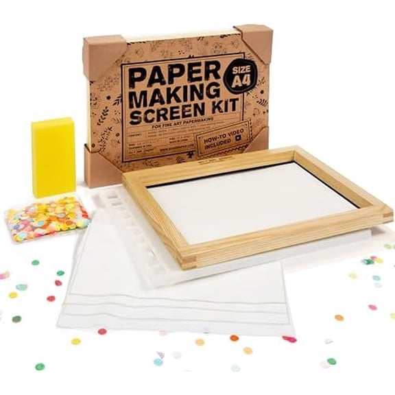 Waterproof Paper Making Screen Kit to Craft Your Own Handmade A4 Paper: Wood Deckle, Mesh Screen, Plastic Grid, Confetti, Sponge, 4 Couch Felts & Video Instructions…