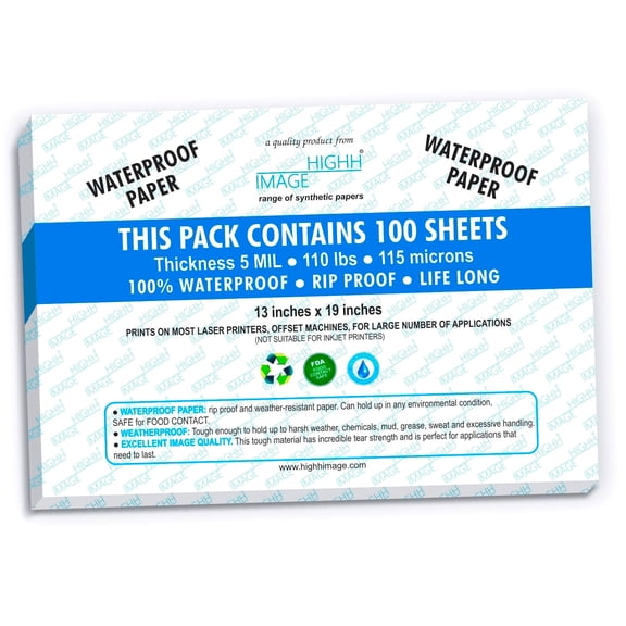 Waterproof Paper Tear-Proof Paper, Weather-Proof Paper 13"X19" 100 sheets, 110 LB 5 MIL Laser Printer Paper
