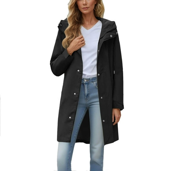 Waterproof Parka Jackets for Women Light Weight Long Zip-Up Rain Coats with Hood Hiking Zipper Windbreakers Black, L