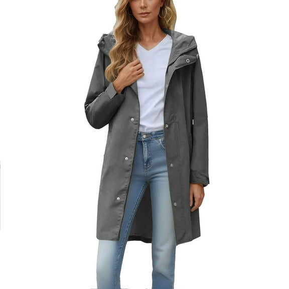 Waterproof Parka Jackets for Women Light Weight Long Zip-Up Rain Coats with Hood Hiking Zipper Windbreakers Dark Gray, L