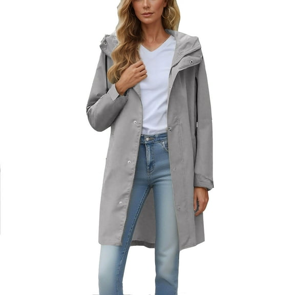 Waterproof Parka Jackets for Women Light Weight Long Zip-Up Rain Coats with Hood Hiking Zipper Windbreakers Gray, L
