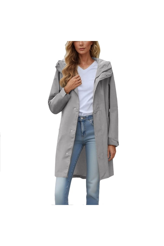 Waterproof Parka Jackets for Women Light Weight Long Zip-Up Rain Coats with Hood Hiking Zipper Windbreakers Gray, S