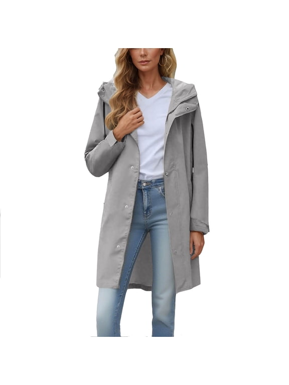 Waterproof Parka Jackets for Women Light Weight Long Zip-Up Rain Coats with Hood Hiking Zipper Windbreakers Gray, XL