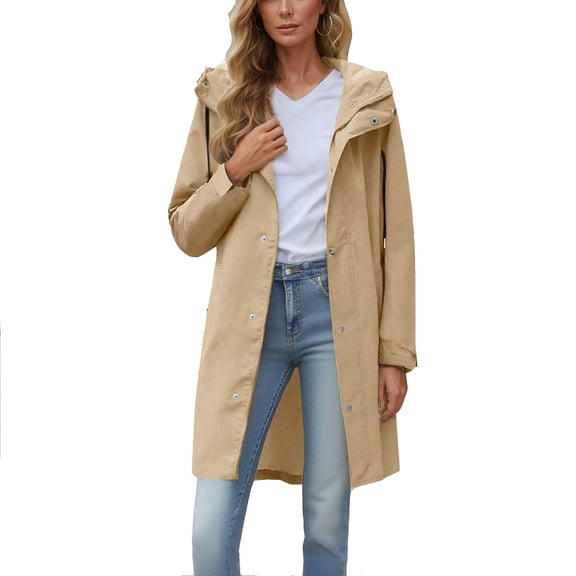 Waterproof Parka Jackets for Women Light Weight Long Zip-Up Rain Coats with Hood Hiking Zipper Windbreakers Khaki, L