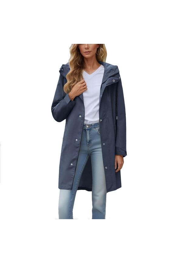 Waterproof Parka Jackets for Women Light Weight Long Zip-Up Rain Coats with Hood Hiking Zipper Windbreakers Navy, M