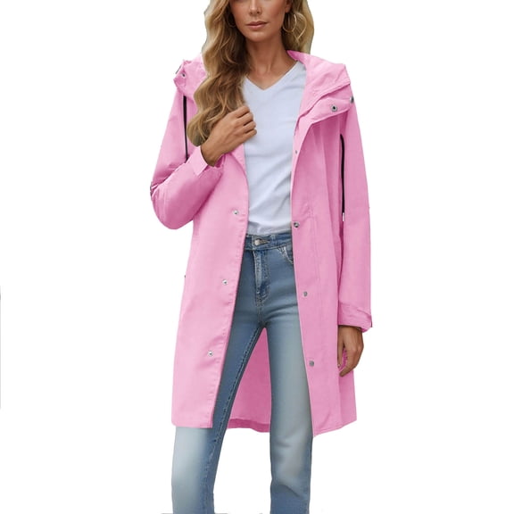 Waterproof Parka Jackets for Women Light Weight Long Zip-Up Rain Coats with Hood Hiking Zipper Windbreakers Pink, L