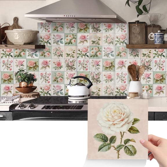 Waterproof Peel and Stick Tiles Stickers 24 Pcs Wall Decals 5.91 x 5.91inch DIY Decor Pink Flowers Pattern Sticker Self Adhesive Kitchen Backsplash