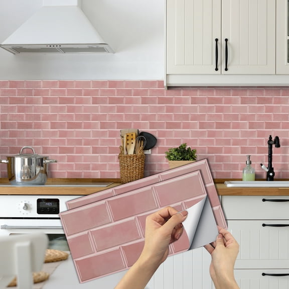 Waterproof Peel and Stick Tiles Stickers Wall Decals 6 Pcs Pink Marbing Brick Mosaic Pattern 11.81'' x 5.91'' Sticker Self Adhesive Backsplash