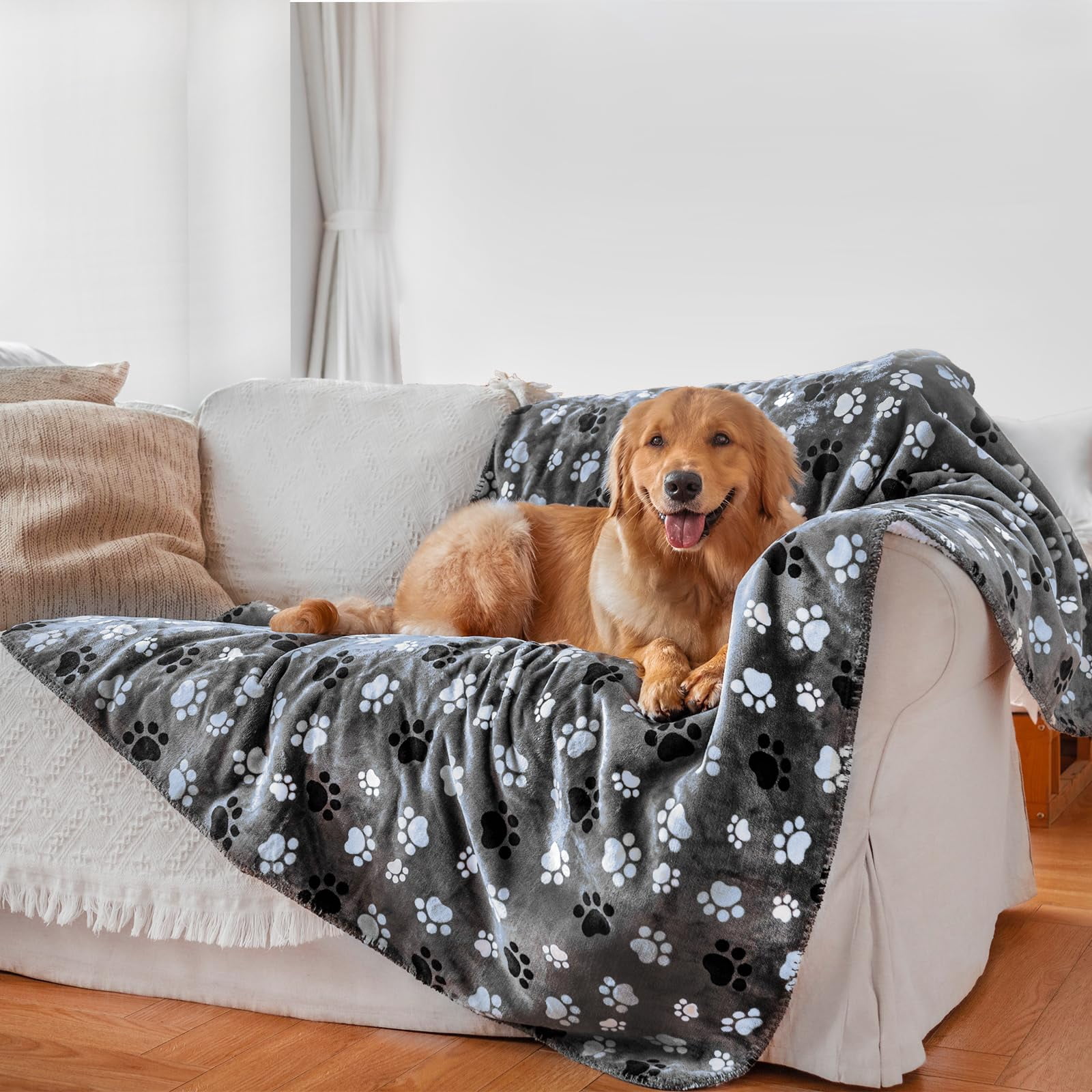 Waterproof Pet Blanket Dog Blankets  Pattern Printing Super Soft Warm Fluffy Facecloth Sofa Car Bed Protector Urine Proof Washable For Puppy Large Dogs & Cats(dog Paw130cm*153cm)