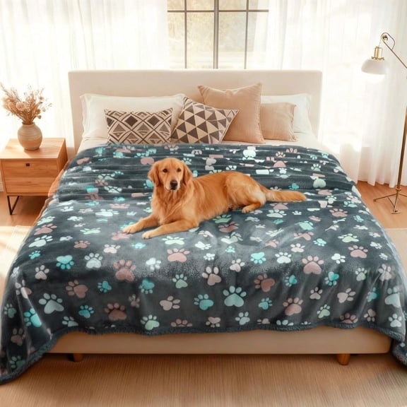Waterproof Pet Blankets for Couch Sofa Bed Cover Cat Liquid Pee Proof Washable Soft Fluffy Large Dog Blanket Reversible Furniture Protection Puppy Grey Paw Thicken King Size100 x 85
