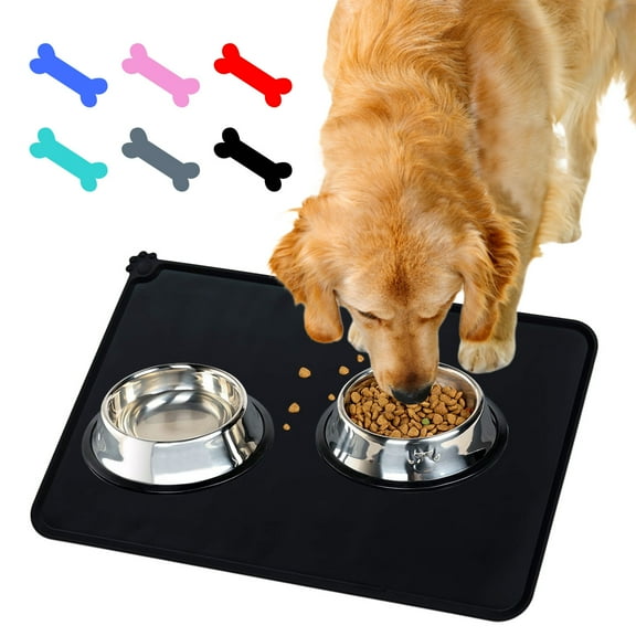 Waterproof Pet Bowl Mat，Silicone Mat for Dog Food and Water Bowl, Dog Cat Silicone Feeding Placemat, Water Bowl Tray for Floors, Black