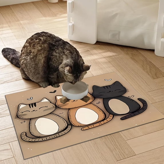 Waterproof Pet Feeding Mat, Non-Slip Large Dog Cat Bowl Placemat, Machine Washable Splash Proof Floor Mat with Cute Cat Pattern for Kitchen Hardwood Floors