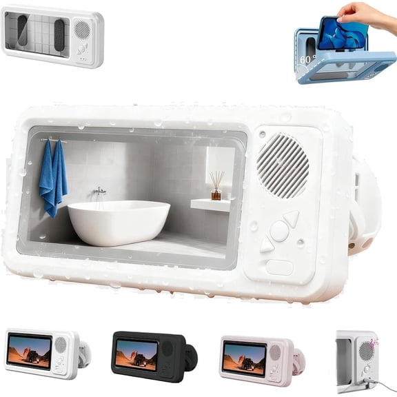 Waterproof Phone Holder with Speaker, 60° Opening Angle Phone Shower with Speaker, 360° Stand, Surround Sound Ipx4 Waterproof, Shower Phones Holder with Wireless Bluetooth Speaker (White)