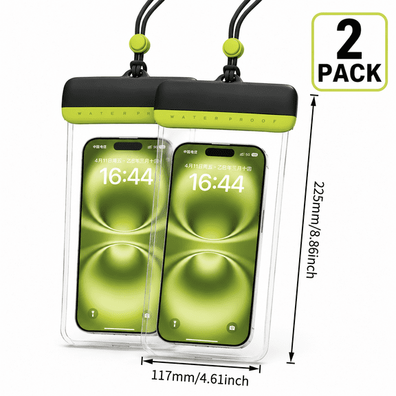 Waterproof Phone Pouch 2-Pack : Cell Phone Dry Bag for iPhone 17 16 15 Pro Max, Lanyard Included for Swimming Diving Rafting River Trekking Green