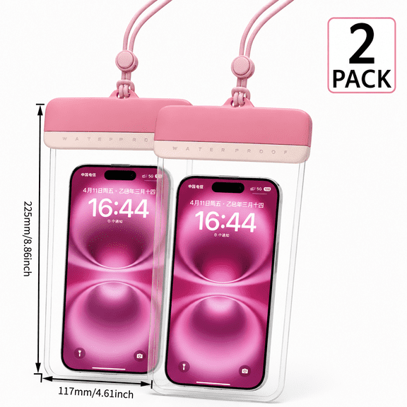 Waterproof Phone Pouch 2-Pack : Cell Phone Dry Bag for iPhone 17 16 15 Pro Max, Lanyard Included for Swimming Diving Rafting River Trekking Pink