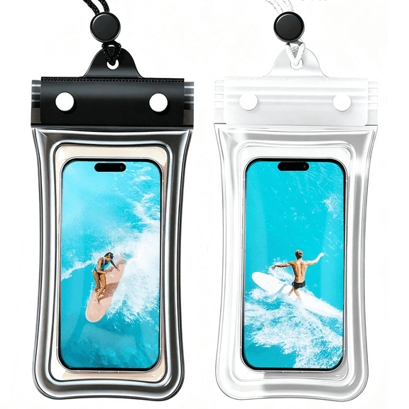 Waterproof Phone Pouch 2 Pack, IPX8 Waterproof Phone Case for iPhone Samsung Galaxy, Touch Screen Dry Bag with Lanyard for Beach Cruise Travel Swimming Camping(Black + White)