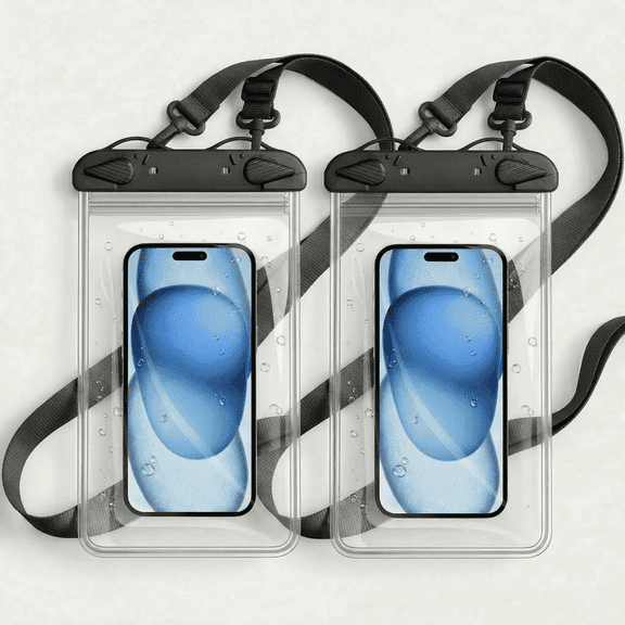 Waterproof Phone Pouch 2 Pack, Universal Underwater Phone Case with Lanyard for Beach Swimming Travel - Black+Black