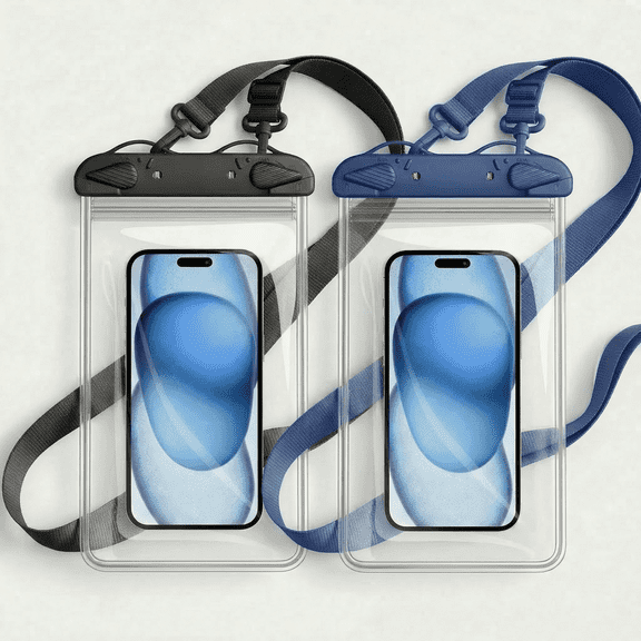Waterproof Phone Pouch 2 Pack, Universal Underwater Phone Case with Lanyard for Beach Swimming Travel - Black+Dark Blue