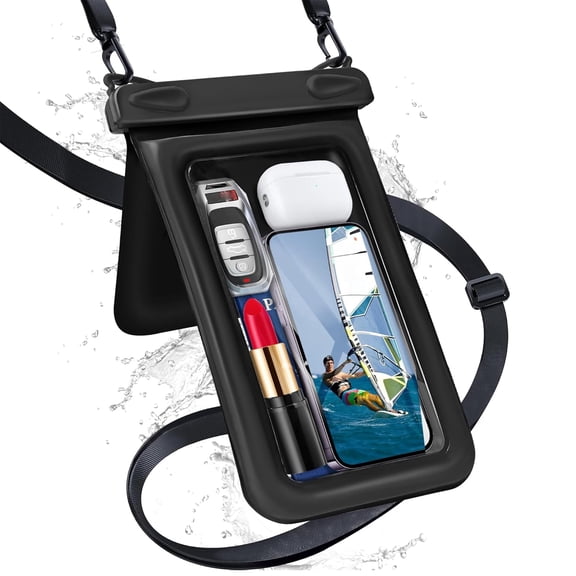 Waterproof Phone Pouch, Double Pocket Floating Case, IPX8 Waterproof up to 8.5 Inches, Beach Vacation Essentials, Compatible with iPhone 16, 15, 14 Pro Max, Galaxy S25, S24, and More (Black)