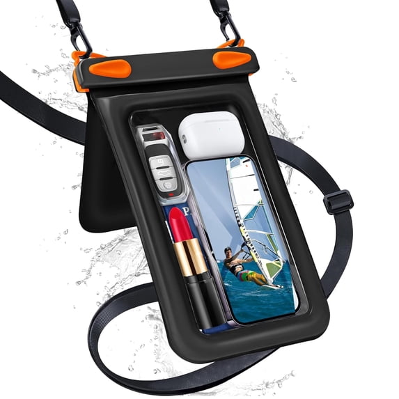 Waterproof Phone Pouch, Double Pocket Floating Case, IPX8 Waterproof up to 8.5 Inches, Beach Vacation Essentials, Compatible with iPhone 16, 15, 14 Pro Max, Galaxy S25, S24, and More (Black Orange)