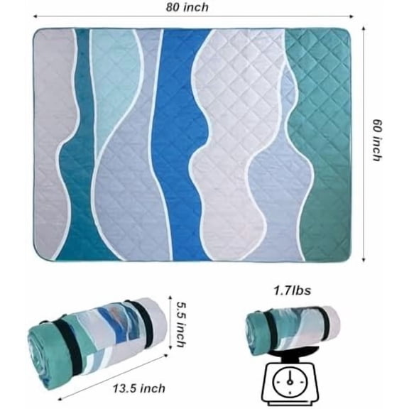 Waterproof Picnic Blanket 60x80 Inches Large Multicolor Floral Polyester Sandproof Modern Camping Blanket Waved Blue