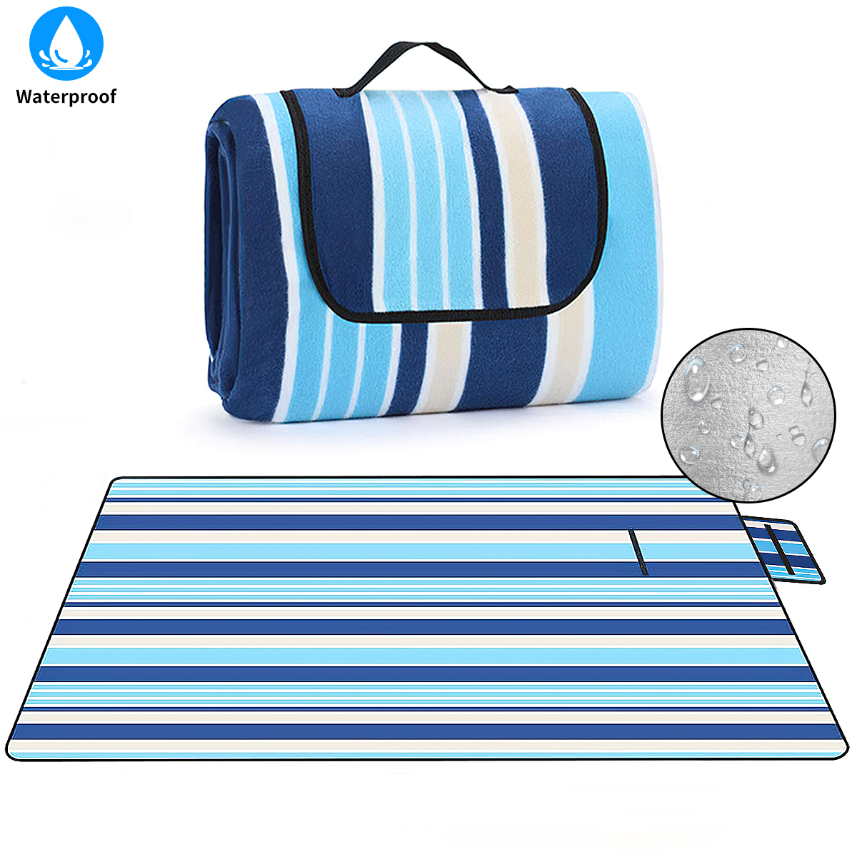 Waterproof Picnic Blanket Large Outdoor Beach Mat Blue Plaid & Faux