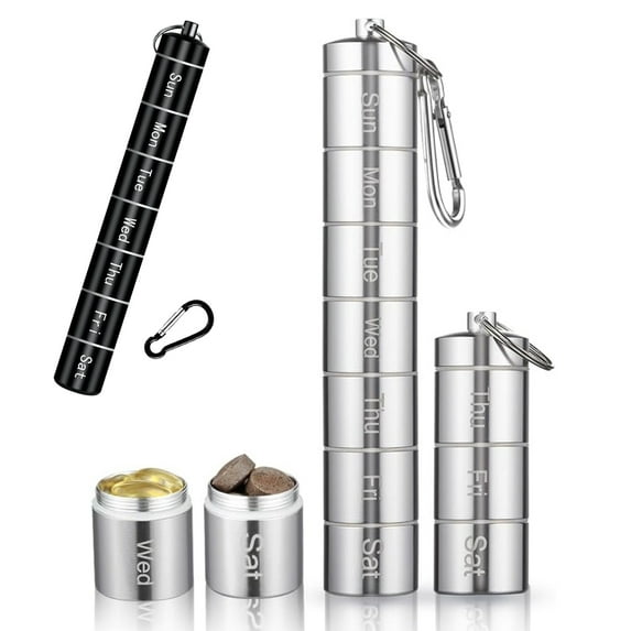 Waterproof Pill Box 7 Day, Aluminum Alloy Portable Pill Organizer Pill Small Container With Carabiner For Travelling (Silver And Black)