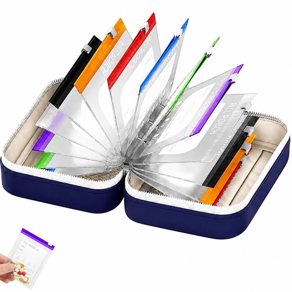 Waterproof Pill Organizer A8 Binder Set with 14 Color-Coded Pill Pouches, Travel Medicine Storage Bags with Daily Dose Labels and Removable Pouches
