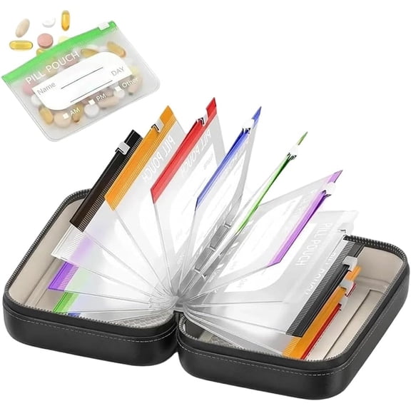 Waterproof Pill Organizer Pouch Set: 7 to 14 Days of Meds/Vitamins/Supplements | 14 Removable Color-Coded Bags - Easy to Label & Refill | Waterproof & Crush-Resistant Shell for Travel (Black)