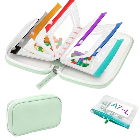 Waterproof Pill Organizer Pouch Set with 7 Inner Bags Portable Medicine Storage Case Zip Around Travel Holder for Tablets