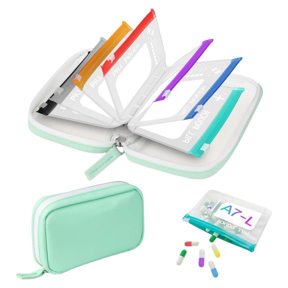Waterproof Pill Organizer Set - 7 Pouch Travel Pill Case, Weekly Vitamin Medication Storage, Zipper EVA Reusable Container, Green