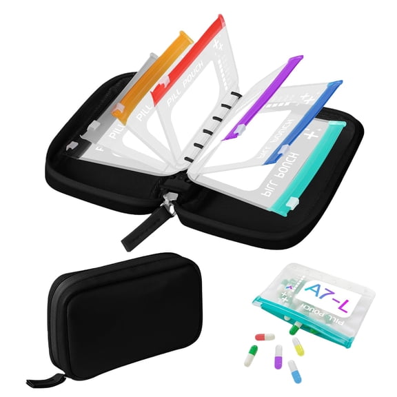 Waterproof Pill Organizer Set - 7 Pouch Travel Pill Case, Weekly Vitamin Medication Storage, Zipper EVA Reusable Container, Green