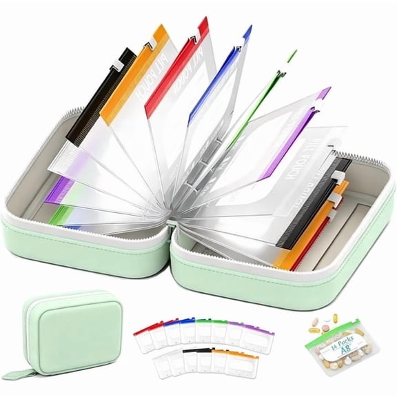 Waterproof Pill Pouch Set, 14 Day Pill Organizer, Travel Portable Pill Organizers, Clear Color-Coded Pill Pouches for Travel, Waterproof Pill Pouch with Labels for Purse Daily Travel Use