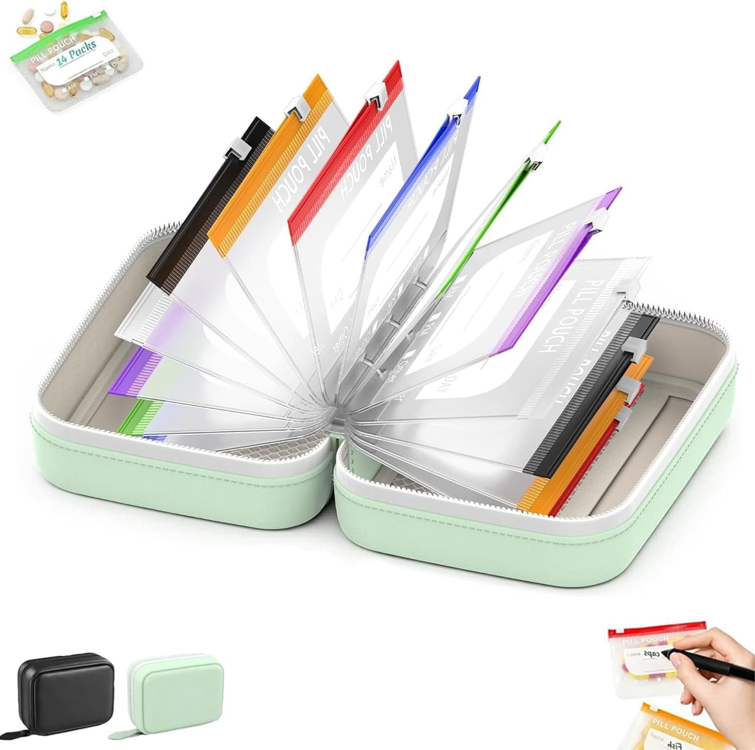 Waterproof Pill Pouch Set-14pcs Bags Inside,A8 Waterproof Pill Organizer Set,7 to 14 Days of Meds & Medicine Crush-Resistant Shell (Green)
