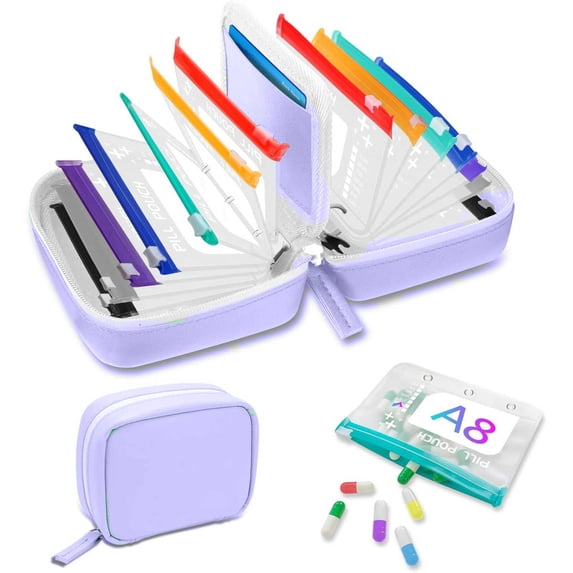 Waterproof Pill Pouch Set-14pcs Bags Inside,A8 Waterproof Pill Organizer Set,7 to 14 Days of Meds & Medicine Crush-Resistant Shell,Purple