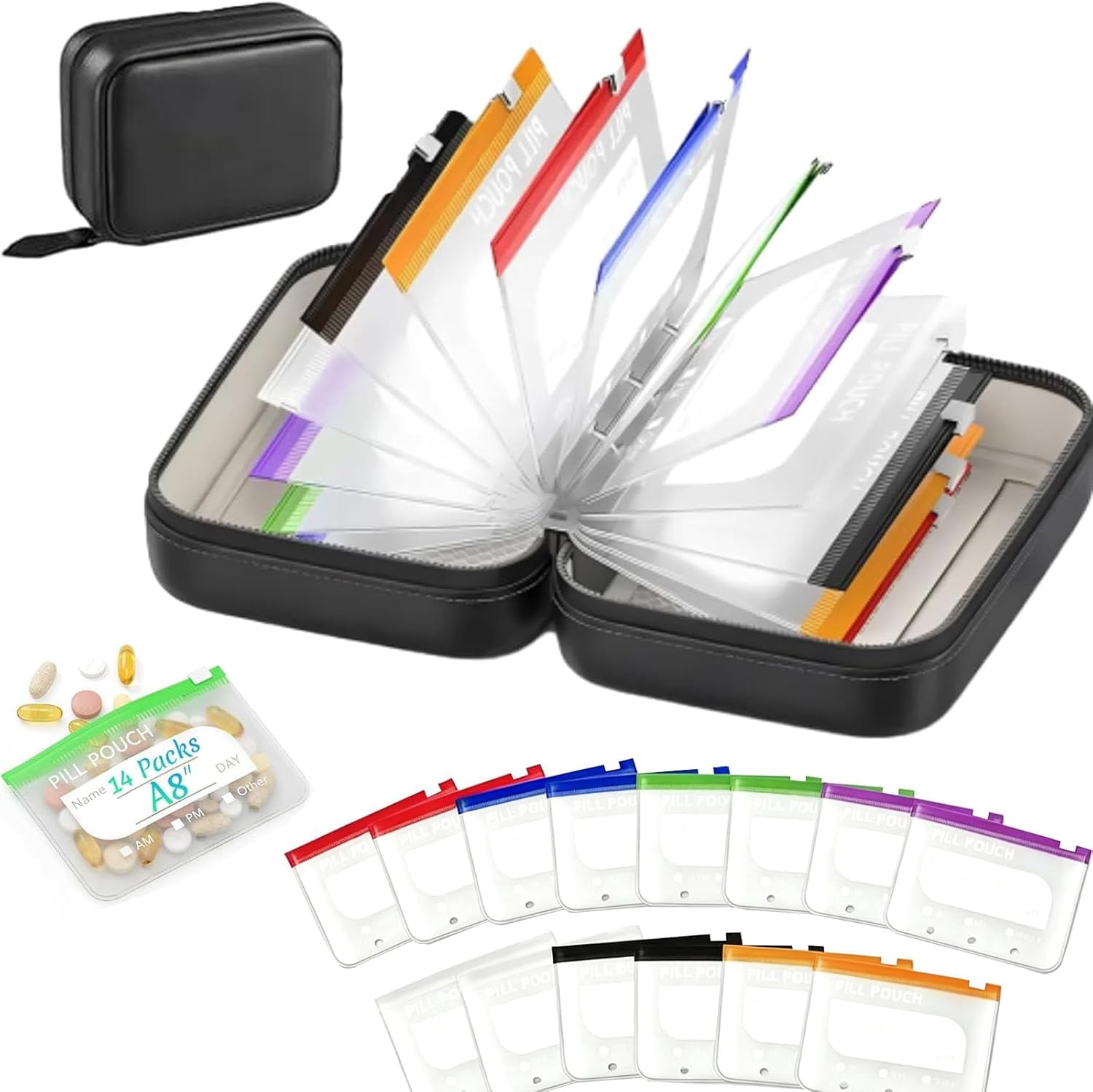 Waterproof Pill Pouch Set-14pcs Bags Inside, A8 Waterproof Pill Organizer Set, Reusable Pill Pouches for Travel, Zippered Pill Pouches for A8 Binder with 14 Color-Coded Bags for Daily Use (Black)