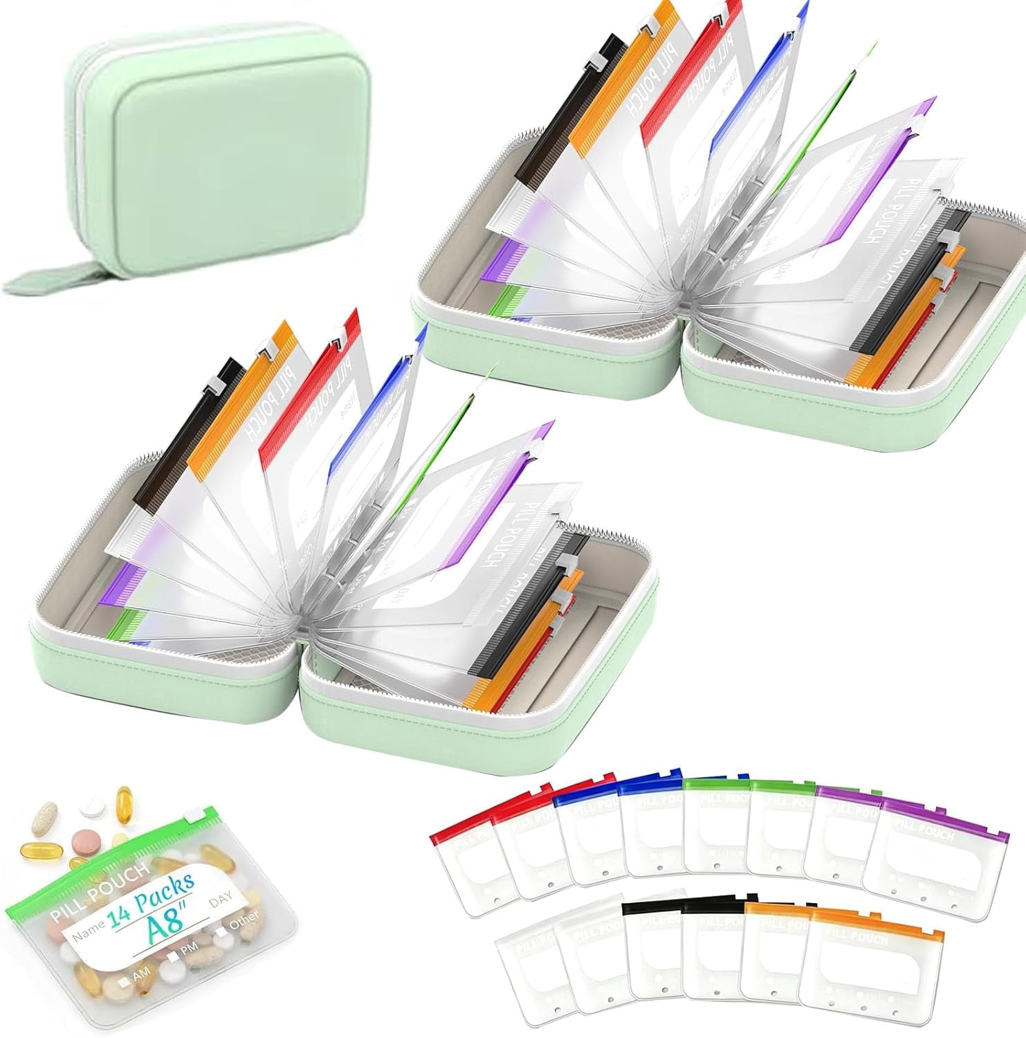 Waterproof Pill Pouch Set-14pcs Bags Inside, A8 Waterproof Pill Organizer Set, Reusable Pill Pouches for Travel, Zippered Pill Pouches for A8 Binder with 14 Color-Coded Bags for Daily Use (2-Green)