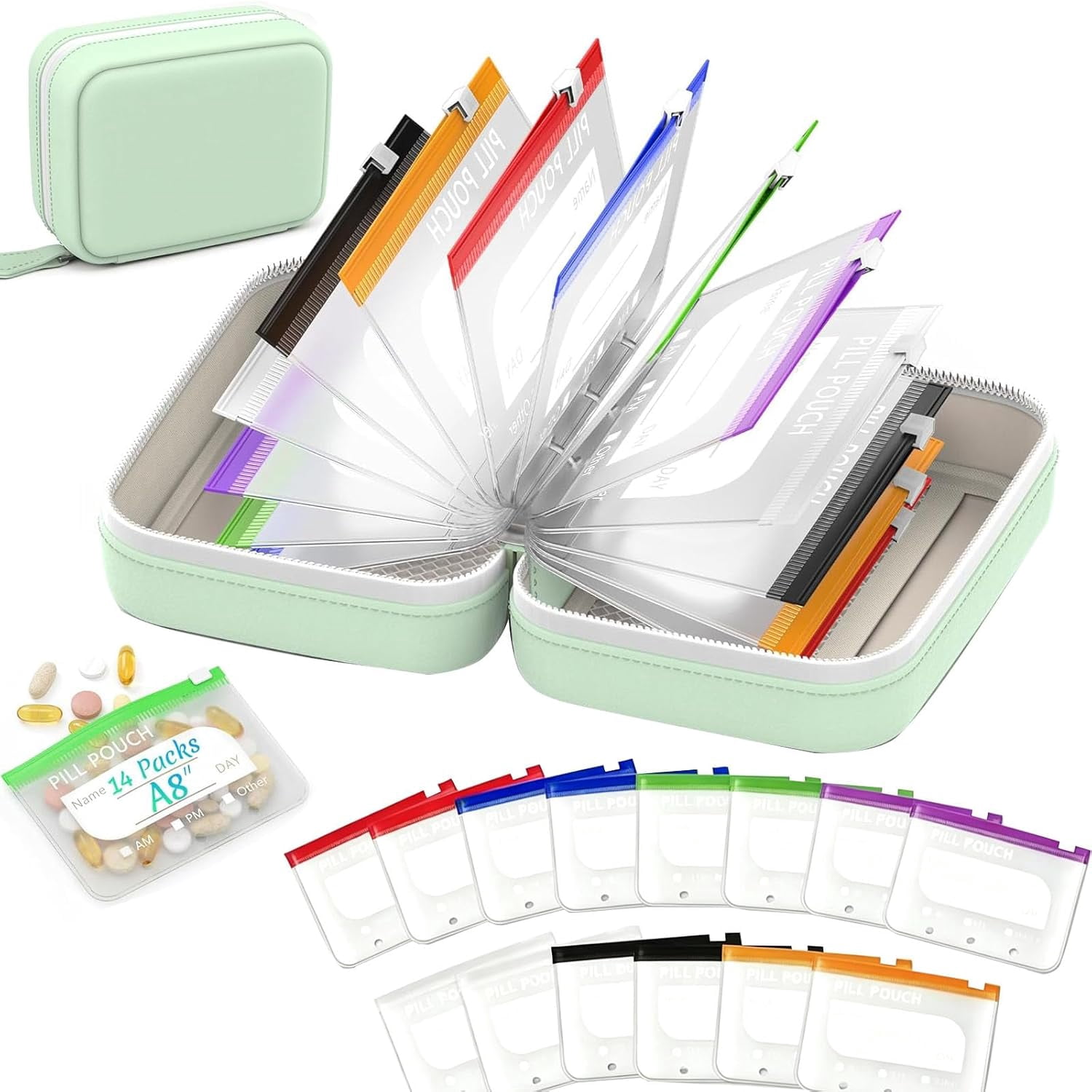 Waterproof Pill Pouch Set-14pcs Bags Inside, A8 Waterproof Pill Organizer Set, Reusable Pill Pouches for Travel, Zippered Pill Pouches for A8 Binder with 14 Color-Coded Bags for Daily Use (Green)